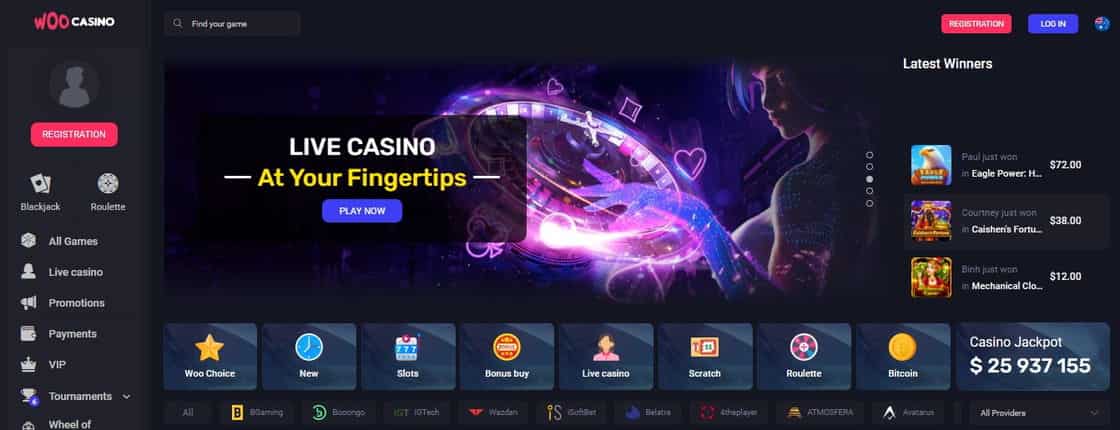 Home page of the official website of Woo Casino